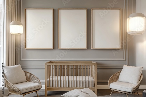 Modern Nursery Design: Elegant Crib, Wooden Chairs, and Blank Canvas Artwork for a Serene Baby Room Aesthetic