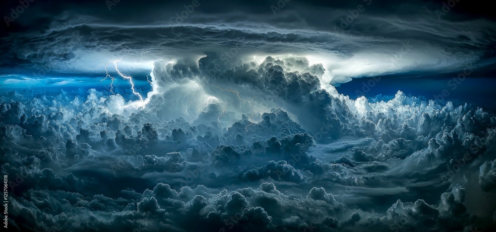 Obraz premium Dramatic Thunderstorm Clouds with Lightning Above a Turbulent Sky in Stunning Detail