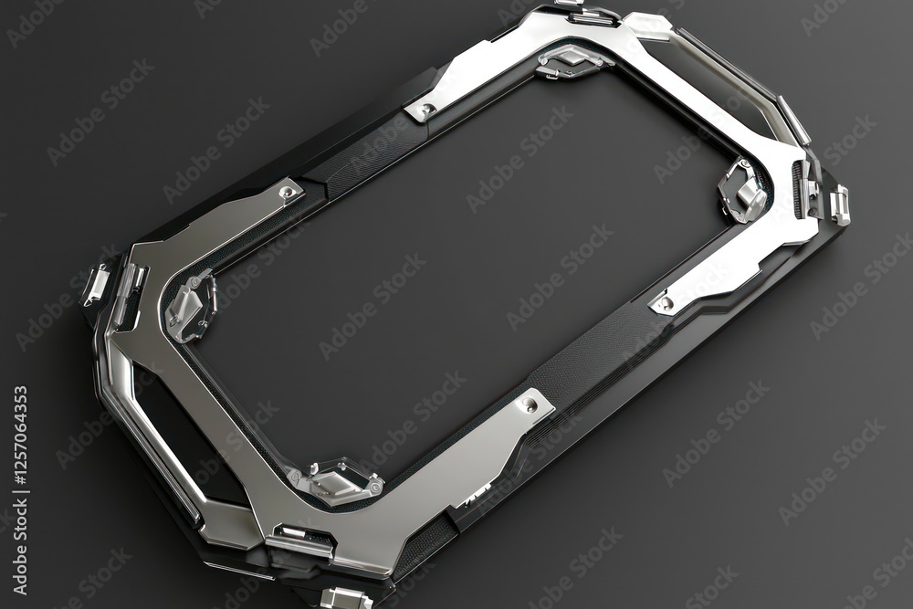 Silver robotic elements accent a matte black frame, angled dynamically in a 3D advertisement. Silver robotic elements accent a matte black frame, angled dynamically in a 3D advertisement.