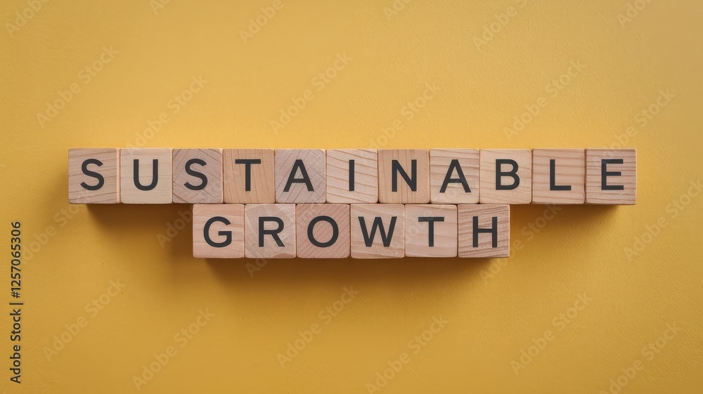 Sustainable growth wooden letter blocks on a bold yellow background. Sustainable growth wooden letter blocks on a bold yellow background.