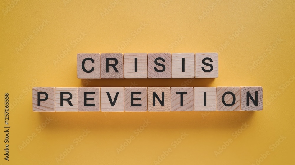 Obraz premium Crisis prevention wooden letter blocks on a bold yellow background.