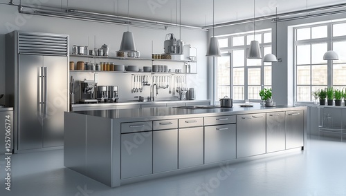 Modern Stainless Steel Kitchen Design  Sleek Appliances  Industrial Style  Island Counter  Open Concept  Bright Lighting  Spacious Layout   Metal Cabinets  Minimalist Decor  Large Windows