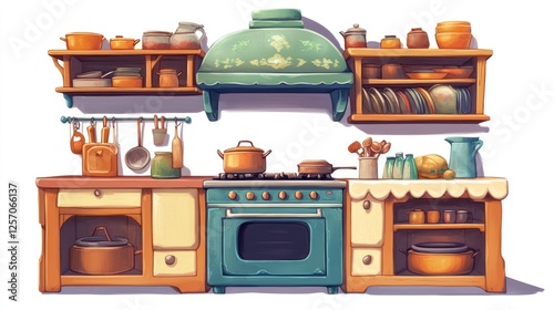 Vintage Kitchen Still Life; Rustic, Colorful, Cozy Interior; Display photo