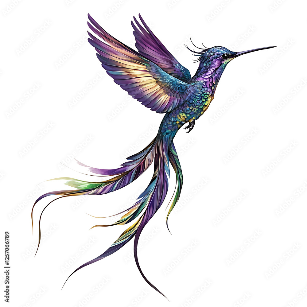 Obraz premium Realistic flying hummingbird with spread wings isolated on white background PNG.AI GENERATED
