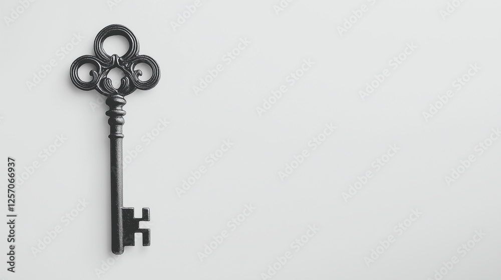 An old-fashioned key on a clean, white background An old-fashioned key on a clean, white background