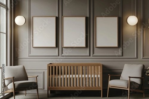 Modern Nursery Decor: Elegant Crib, Wooden Chairs, and Framed Art in a Calm Room