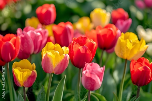 Magnificent Tulip Field Bursting with Vibrant Red  Yellow  and Pink Flowers in Full Bloom