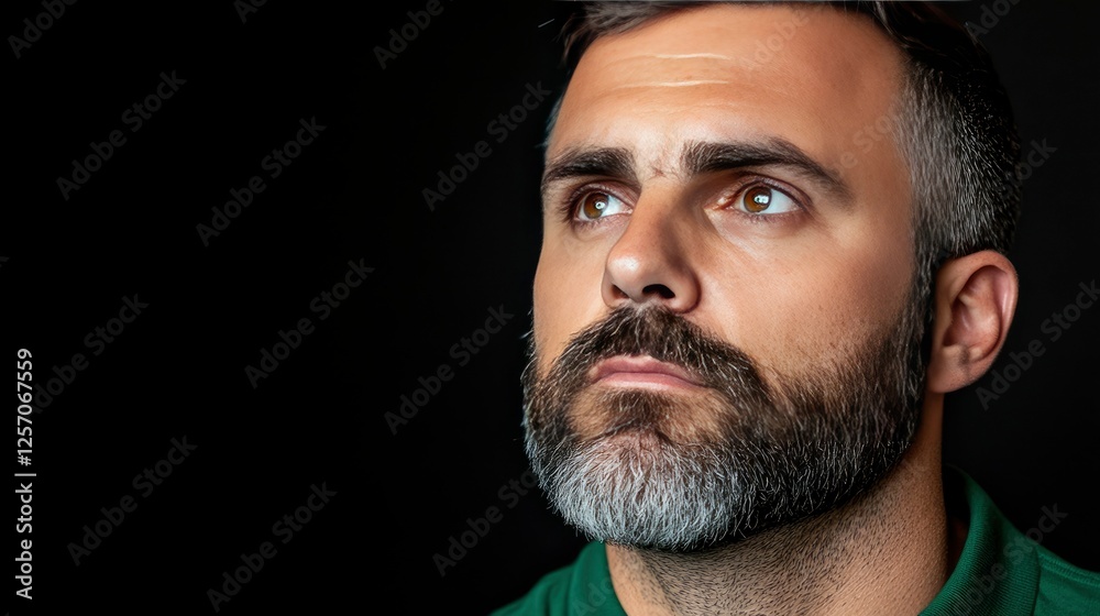 Obraz premium Pensive Middle-Aged Man with Graying Beard, Looking Upward Against Black Background