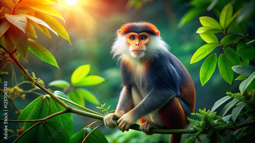 Fototapeta premium Brightly Colored Monkey Sitting on a Branch in Lush Green Jungle