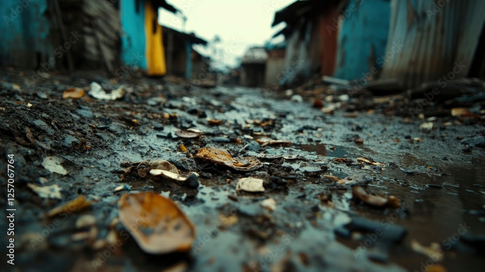 Naklejka premium Poverty, Debris, and Squalor in an Urban Slum A Ground-Level Perspective