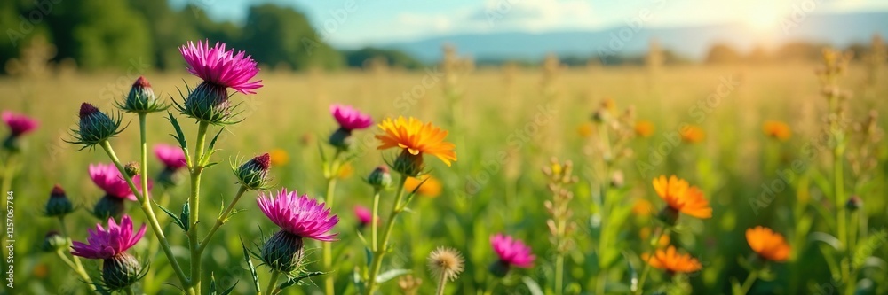 A lush field of thistles and colorful flowers swaying in the breeze, natural, thistle A lush field of thistles and colorful flowers swaying in the breeze, natural, thistle