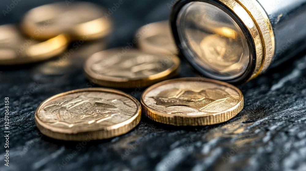 Close-up of Gold Coins and Magnifying Glass on Dark Surface Close-up of Gold Coins and Magnifying Glass on Dark Surface