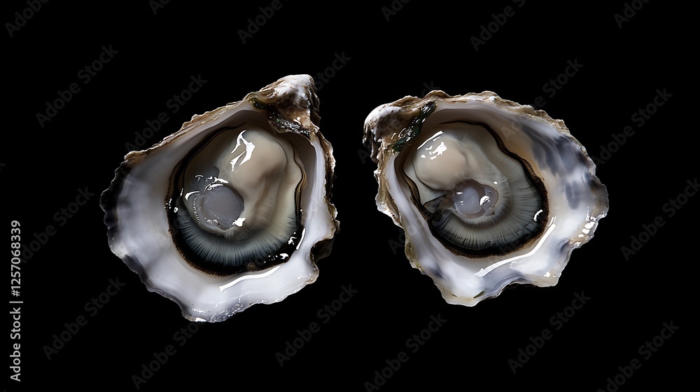 Two fresh oysters on a black background, showcasing their natural texture and a small amount of liquid Two fresh oysters on a black background, showcasing their natural texture and a small amount of liquid