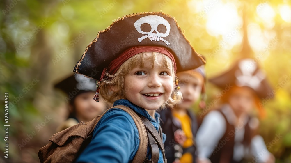 Naklejka premium Young children dressed as pirates enthusiastically engage in a treasure hunt at a lively party