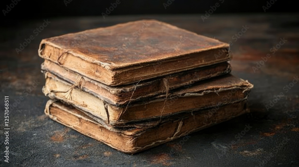 Stack of Antique Leather-Bound Books on Rustic Surface