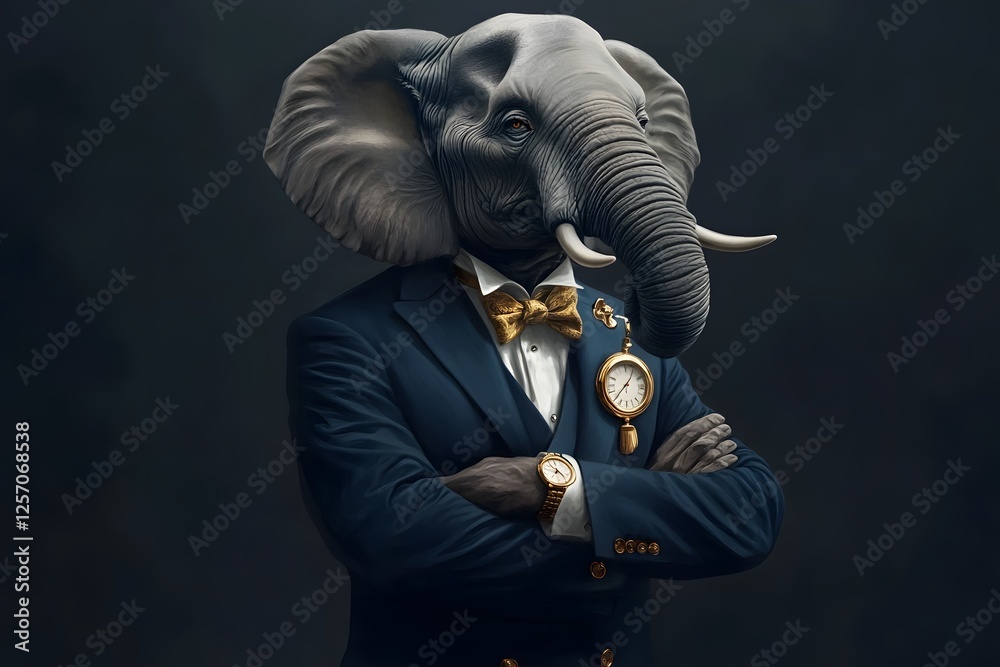 Sophisticated Elephant in Tailored Navy Blazer with Pocket Watch and Cravat Standing Confidently Sophisticated Elephant in Tailored Navy Blazer with Pocket Watch and Cravat Standing Confidently