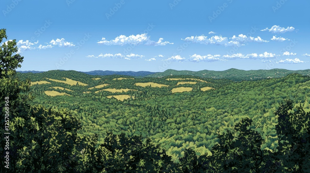 Obraz premium Panoramic View of Lush Green Rolling Hills Under Clear Blue Sky with Fluffy White Clouds