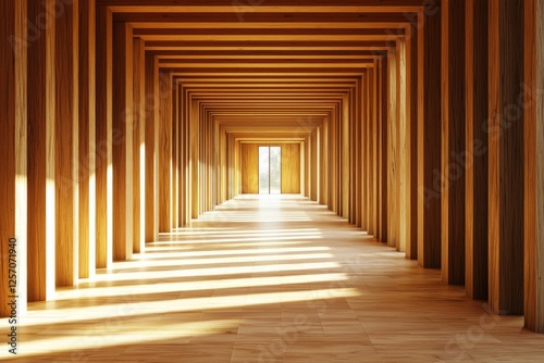 Wooden interior, a symmetrical corridor with rectangular columns, a light wood floor, sunlight shining through the ceiling, a minimalist architectural style