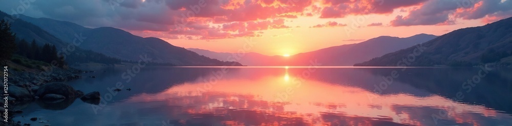 Fototapeta premium A shimmering lake at dawn with surrounding hills, landscape, hills