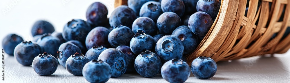 Fresh blueberries spilling from a woven basket, showcasing their vibrant blue hue and plump texture. Fresh blueberries spilling from a woven basket, showcasing their vibrant blue hue and plump texture.