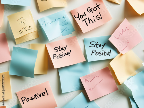 Several sticky notes with motivational phrases like 