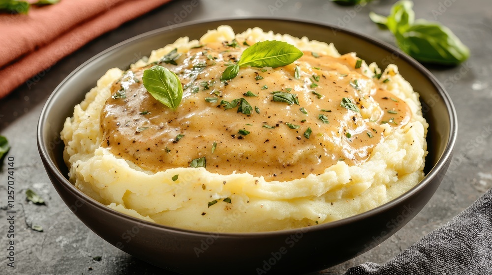 Creamy mashed potatoes topped with savory gravy and herbs, served in a black bowl, set against a rustic backdrop. Creamy mashed potatoes topped with savory gravy and herbs, served in a black bowl, set against a rustic backdrop.