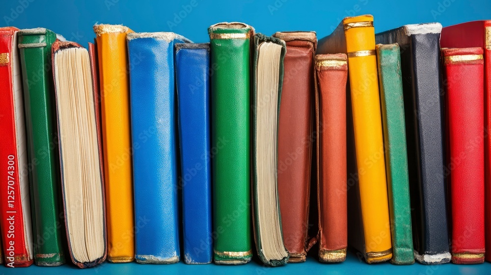 Colorful Row of Books on a Blue Background Colorful Row of Books on a Blue Background