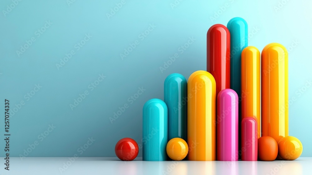 Abstract Colorful 3D Cylinders and Spheres on Light Blue Background - Modern Geometric Design Abstract Colorful 3D Cylinders and Spheres on Light Blue Background - Modern Geometric Design
