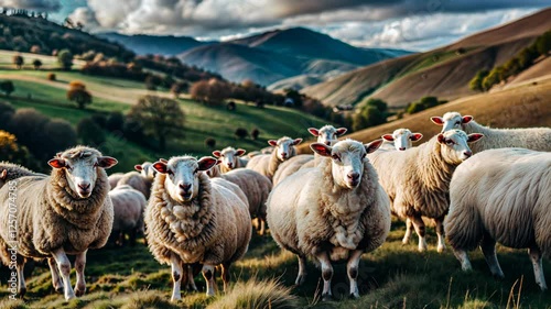 Flock of sheep grazing in picturesque countryside with mountains in the background