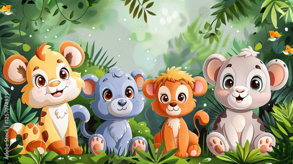 Naklejka premium Adorable Baby Animals in Lush Jungle Cute Cartoon Lion Bear Leopard and Monkey Illustration