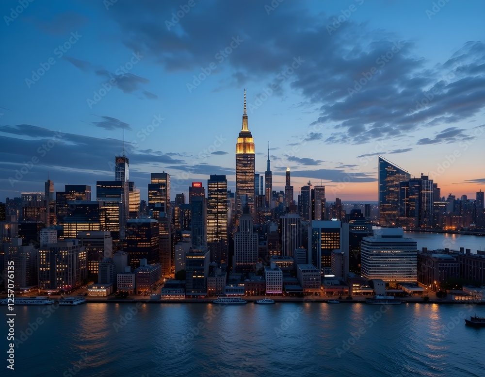 Fototapeta premium Panorama view of Manhattan illuminated sky line at dusk. Urban cityscape with tall buildings and waterfront , isolated transparent background . Concept of New York city.