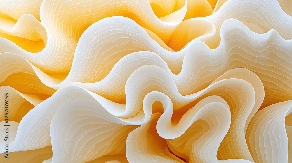 Fluid yellow and white abstract wave pattern with soft curves and intricate details resembling flowing fabric. Fluid yellow and white abstract wave pattern with soft curves and intricate details resembling flowing fabric.