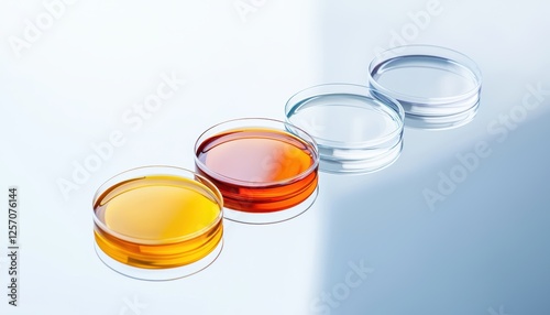Glass petri dishes on a reflective surface, containing colorful liquids, representing chemistry and biology innovation