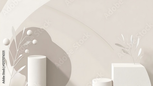 Minimalist White Display with Abstract Background and Plants