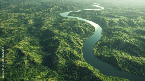 Serene Aerial View of a Winding River Surrounded by Lush Green Hills and Forests on a Clear Day