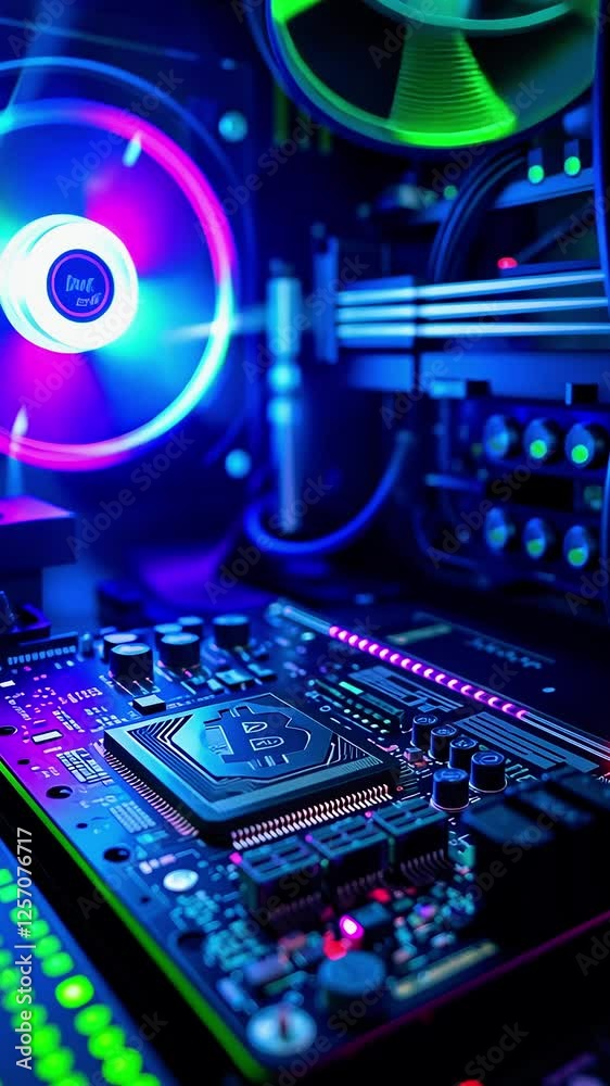 Vibrant close-up of a modern computer motherboard with colorful LED lights and cooling fans in action Vibrant close-up of a modern computer motherboard with colorful LED lights and cooling fans in action