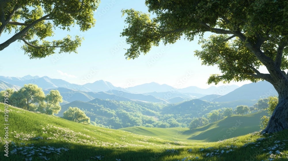 Fototapeta premium Serene Landscape with Lush Green Hills and Majestic Mountains Under Clear Blue Sky