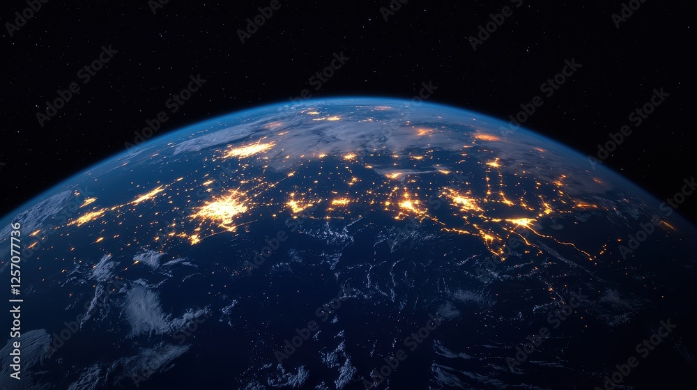 Obraz premium Global illuminations satellite view of earth at night overview science outer space aerial perspective