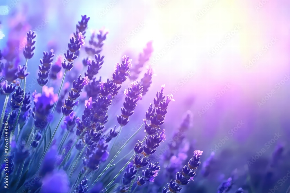 Naklejka premium Soft Lavender Blooms Glowing Under Warm Gentle Light in a Garden