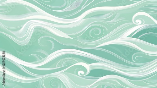 Abstract swirling waves in pastel green and white