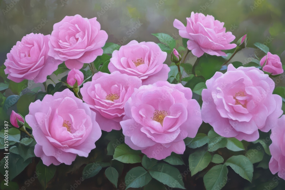 Fototapeta premium Gorgeous Pink Roses in Full Bloom with Lush Green Leaves