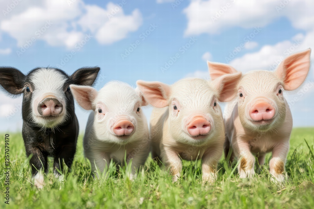 Group of Cute Piglets on Green Grass Under Bright Blue Sky Group of Cute Piglets on Green Grass Under Bright Blue Sky