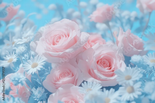 Soft Pink Roses and White Daisies on a Light Blue Background