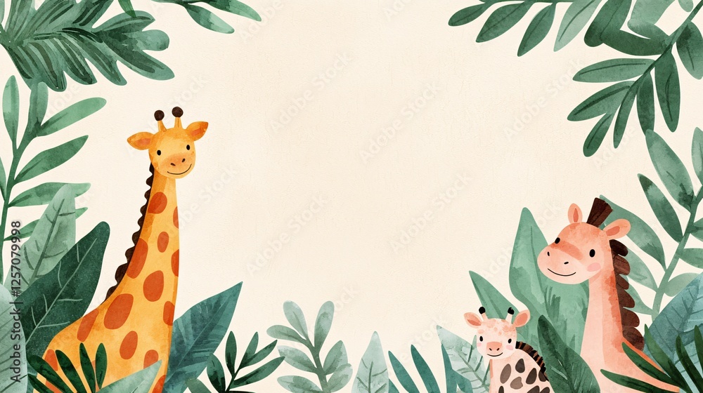 Fototapeta premium Adorable Giraffe Family Illustration with Tropical Leaves Watercolor Style Jungle Animals