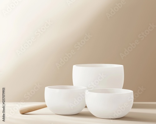 Sound therapy focus in a spa setting, featuring glowing crystal singing bowls and soft, warm light, exuding peace and relaxation