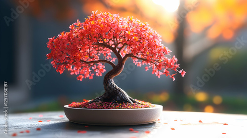 3D Illustration - Serene Bonsai Tree with Vibrant Red Blossoms in Golden Hour Light