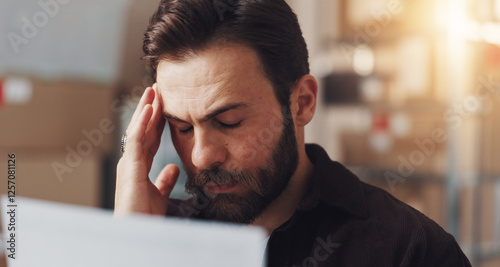 Frustrated man, headache and stress with documents for tax inflation, shipping costs or freight delay at warehouse. Businessman, distributor or employee with migraine or paperwork for supplier issue