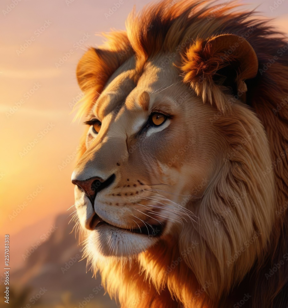 Fototapeta premium Majestic lion with reddish-brown mane gazing toward vibrant orange sunset , grasslands, wildlife