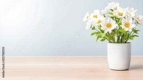Wallpaper Mural White flowers in pot on wooden table, light background, home decor Torontodigital.ca