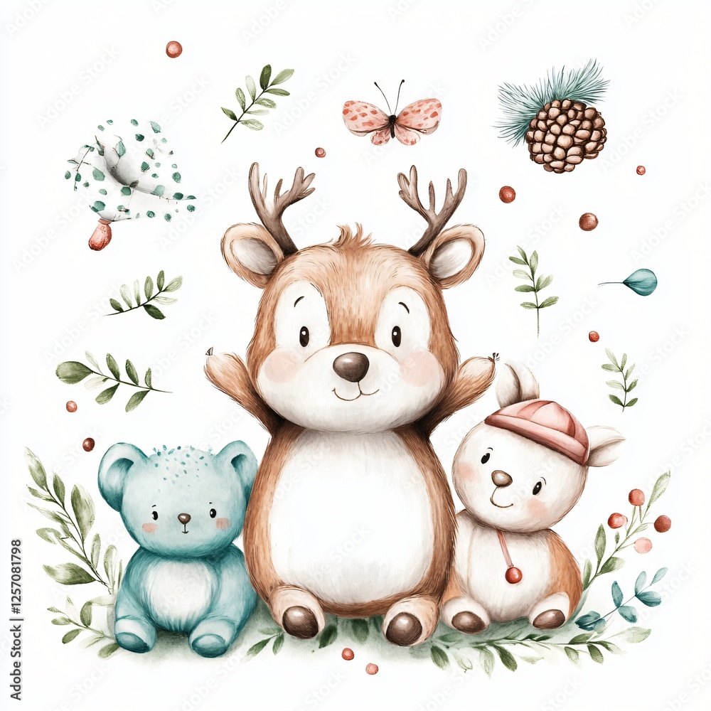 Naklejka premium Adorable Watercolor Illustration of Reindeer Bear and Bunny in Woodland Setting